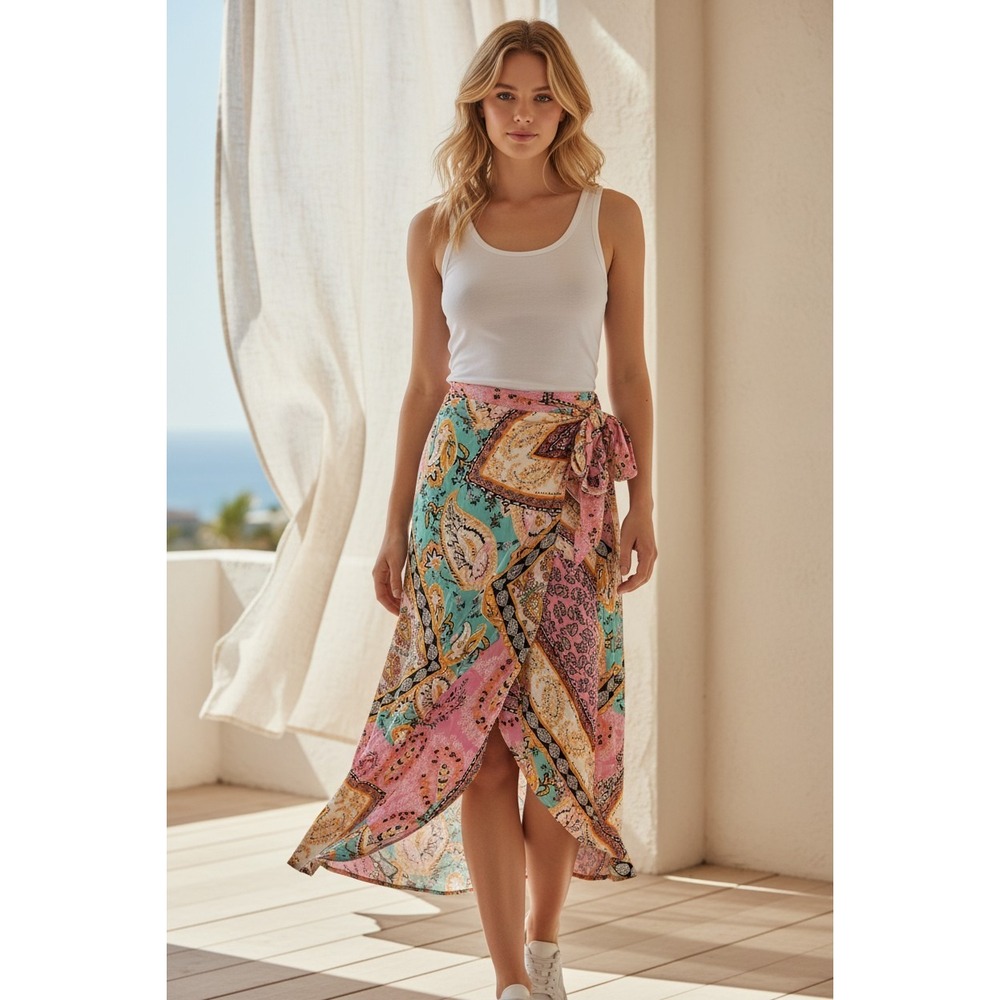Scarf Print Wrap Skirt‎ M Boho Midi Tie Waist Resort Vacation Coastal Feminine